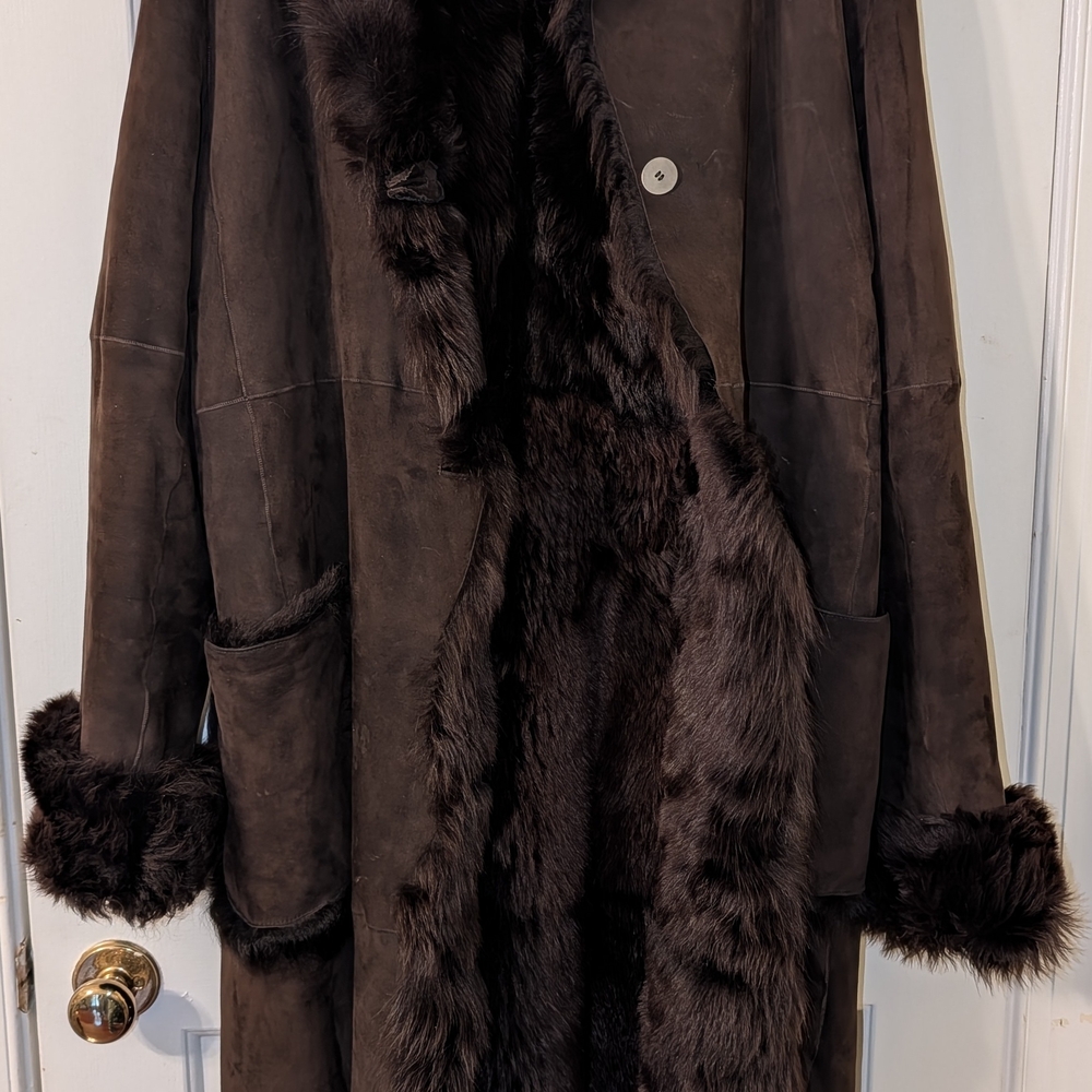 Donna Karen Brown Faux Fur Trim Shearling Coat
